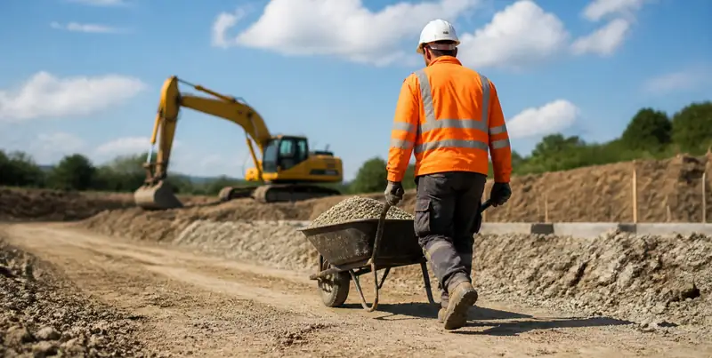 A labourer in orange hi-vis pushing a wheelbarrow on a site road