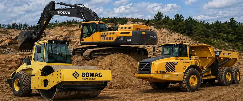 An excavator, a roller and a dump truck on an earthworks site