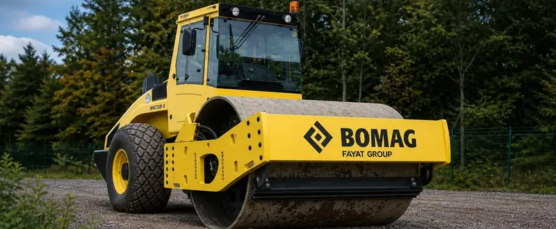 A single-drum roller on a gravel site road